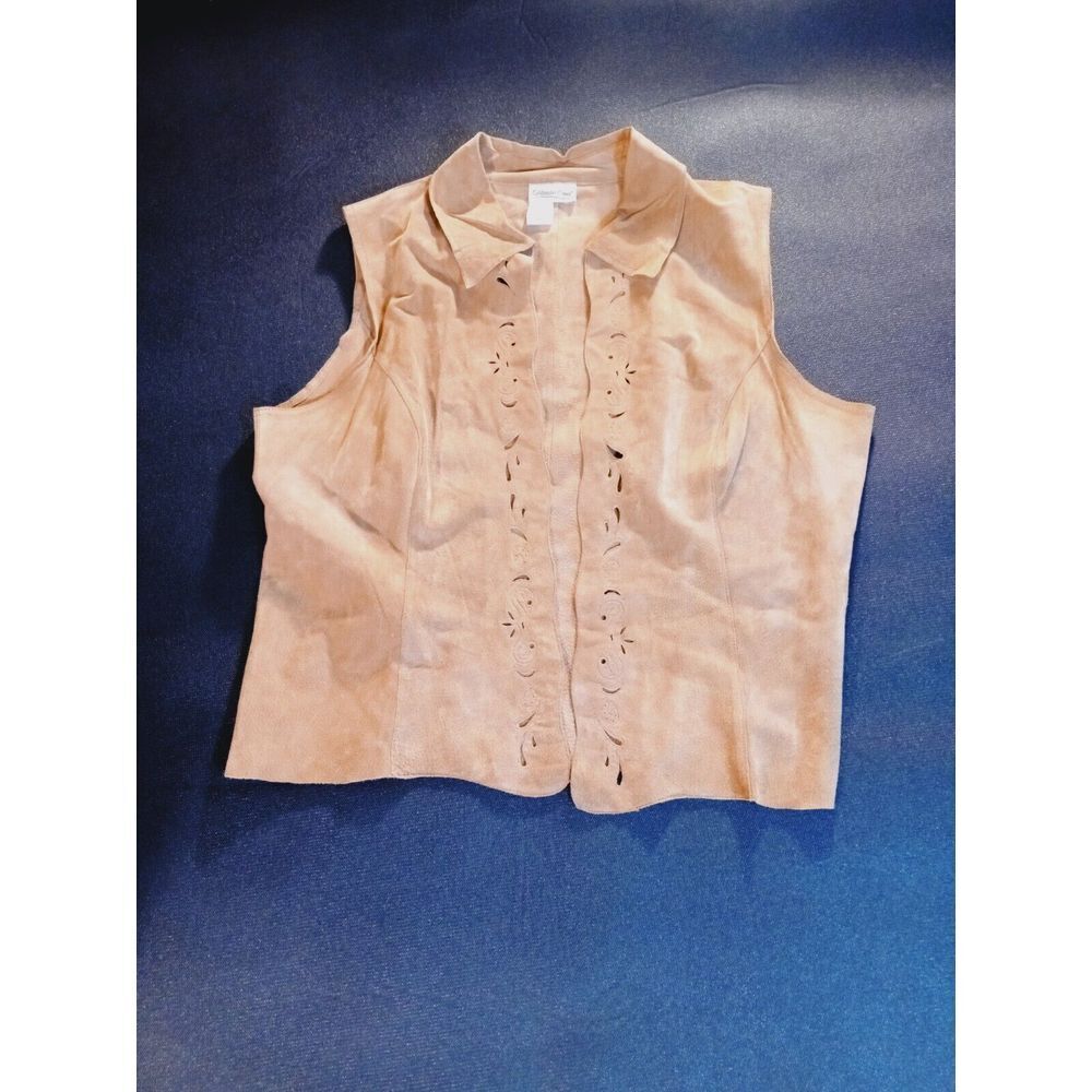 Coldwater Creek 100% Suede Leather Vest Womens Medium Tan Laser Cut Lightweight